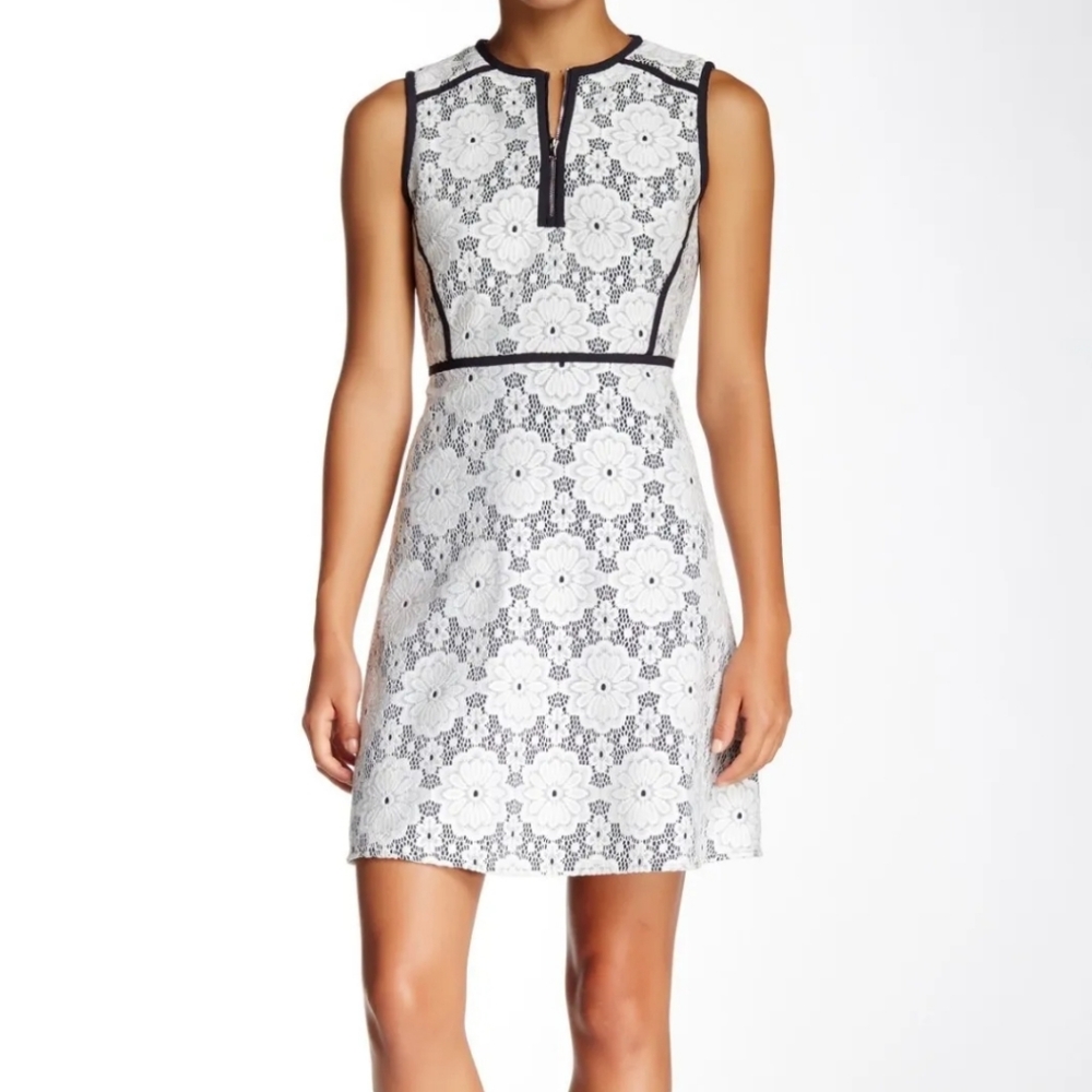 Nanette Lepore Black Over White Floral Lace Flare Dress
